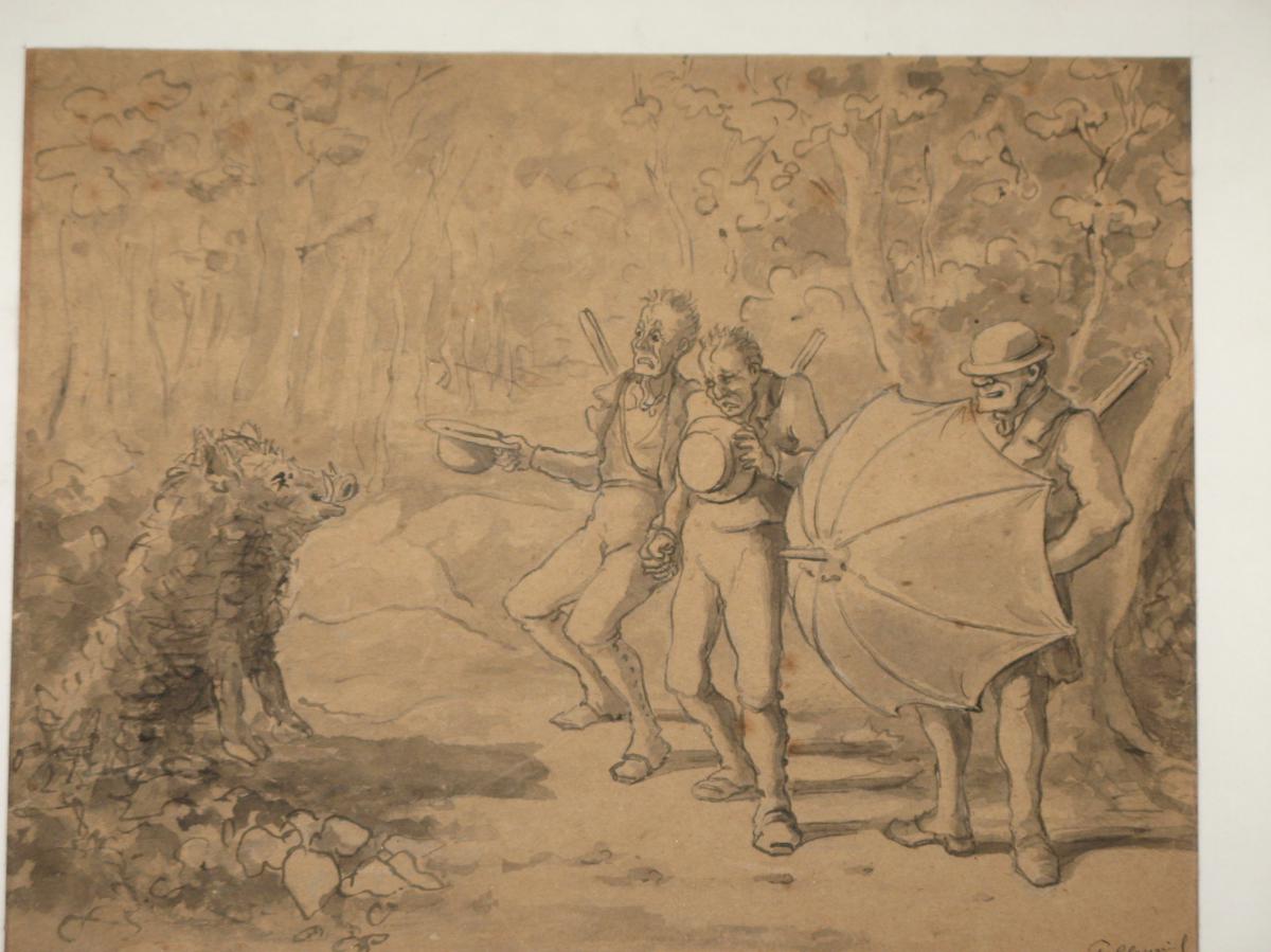 In A Drawing Lavis: Caricature De La Chasse, 19th.-photo-2