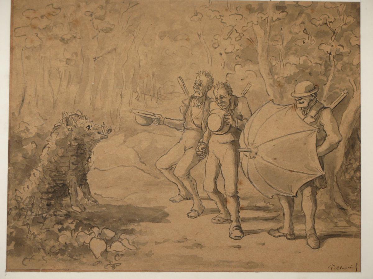 In A Drawing Lavis: Caricature De La Chasse, 19th.-photo-3