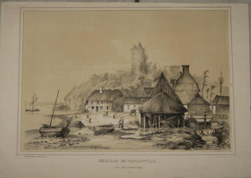 Chateau De Tancarville, Lithograph And White Sepia, 19th.