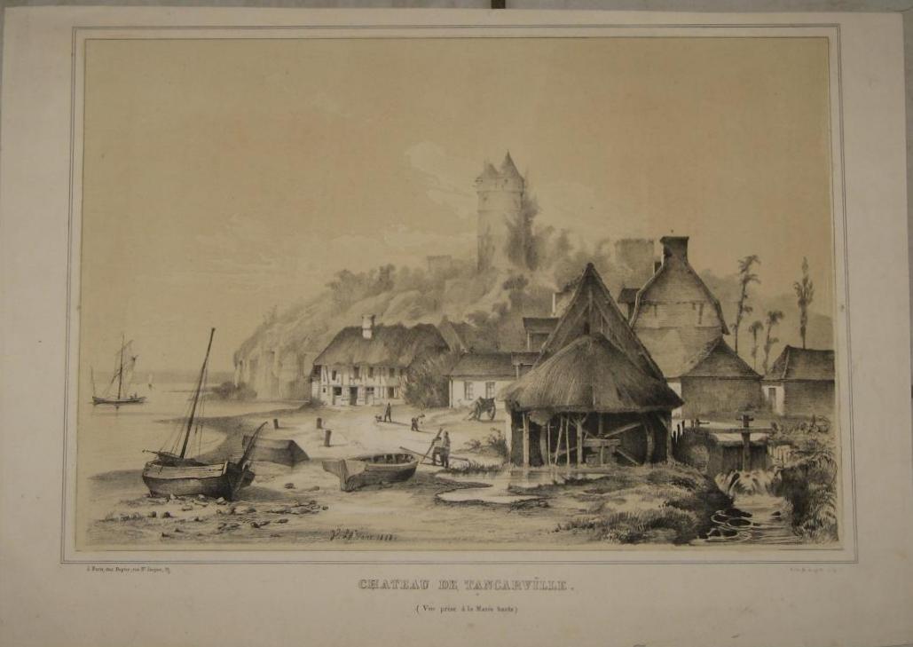 Chateau De Tancarville, Lithographie Sépia Et Blanc, époque 19ème.