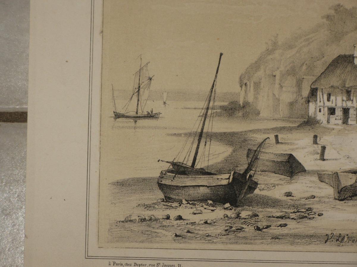 Chateau De Tancarville, Lithograph And White Sepia, 19th.-photo-2