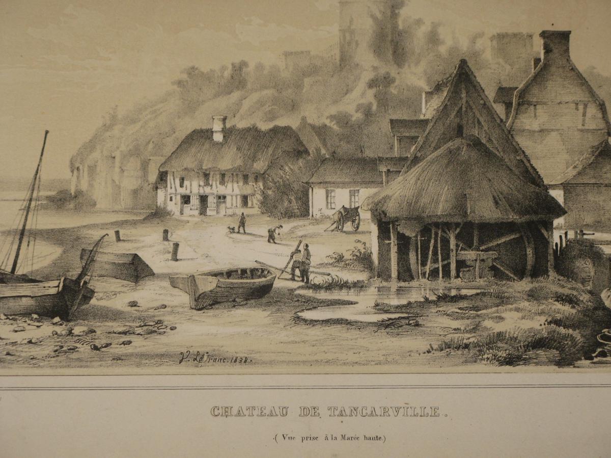 Chateau De Tancarville, Lithographie Sépia Et Blanc, époque 19ème.-photo-3