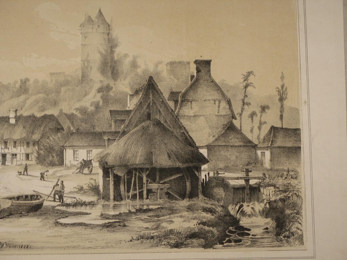 Chateau De Tancarville, Lithograph And White Sepia, 19th.-photo-4