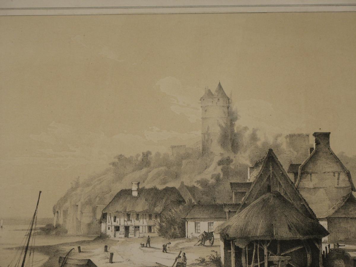 Chateau De Tancarville, Lithographie Sépia Et Blanc, époque 19ème.-photo-2