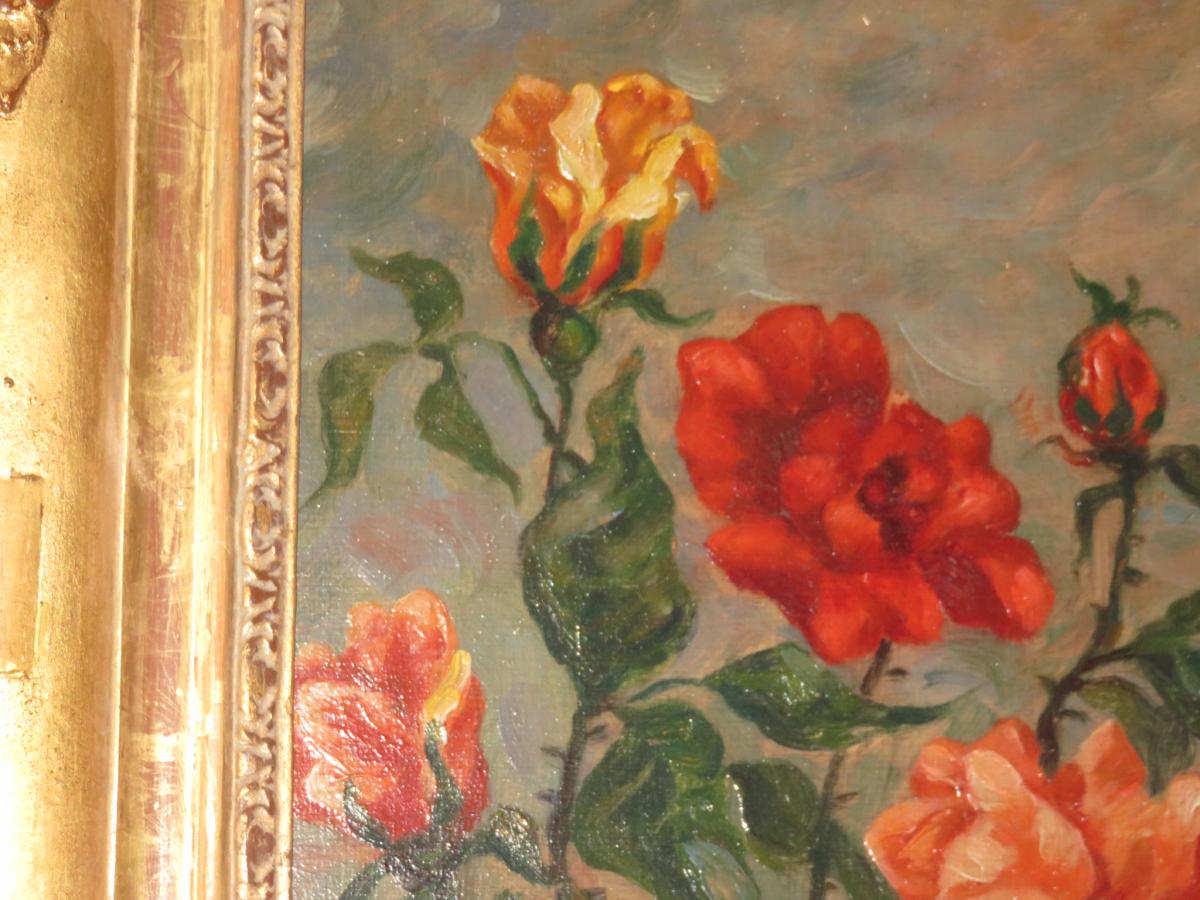 Bouquet De Roses, Peinture époque début 20 ème.-photo-2