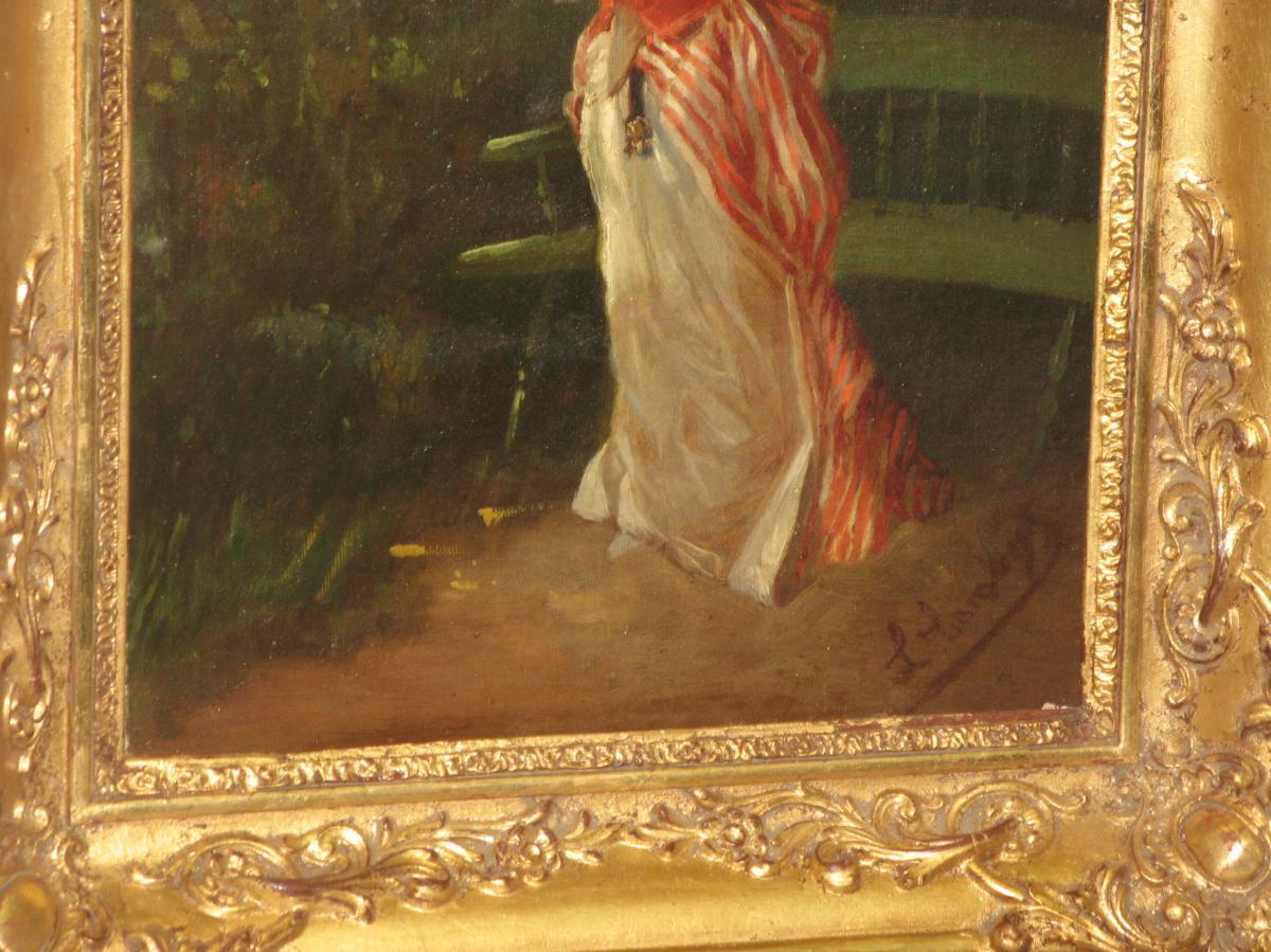 Peinture, Jeune Fille Dans Un Parc, époque 19ème.-photo-3