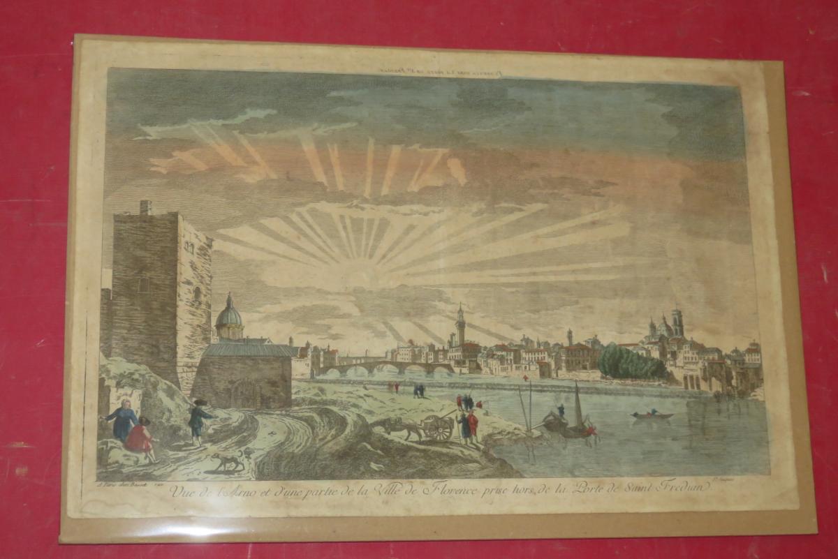 Vue De l'Arno Et De La Ville De Florence, vue d'Optique époque 18ème.