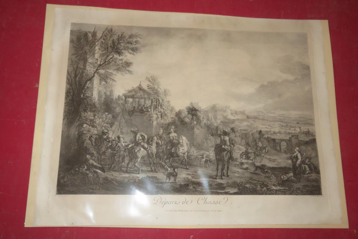 " Départ de Chasse ", gravure époque 19ème.