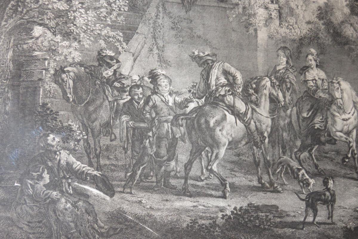 " Départ de Chasse ", gravure époque 19ème.-photo-1