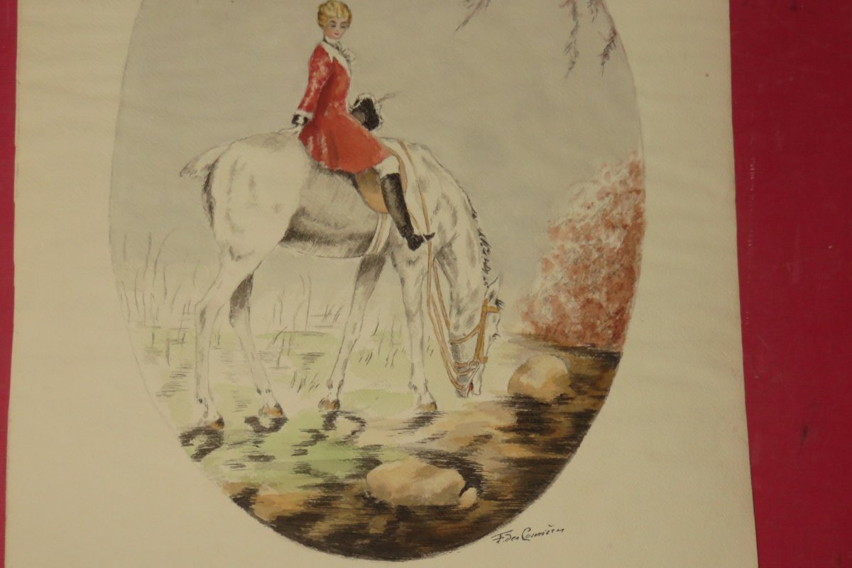 Jeune Cavalière Sur Son Cheval, Aquarelle époque Début 20 ème.-photo-3