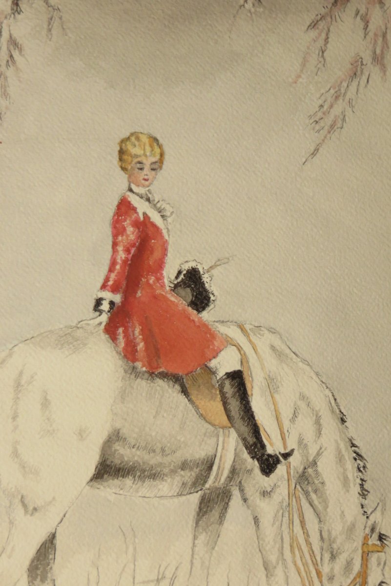 Jeune Cavalière Sur Son Cheval, Aquarelle époque Début 20 ème.-photo-4