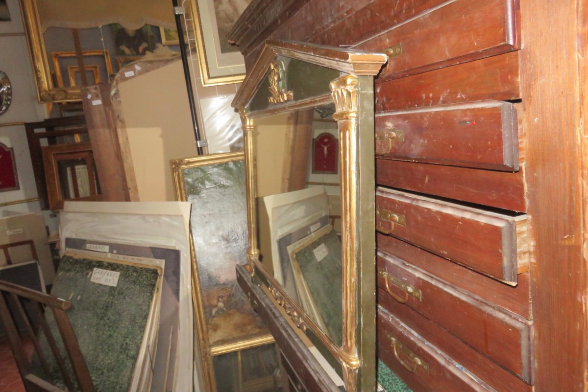 Miroir à Chapiteau En Bois Peint Et Doré , époque 19ème.-photo-6