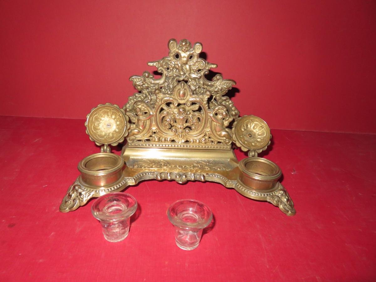 Inkwell, Bronze, 19th Time With Motifs d'Angels.