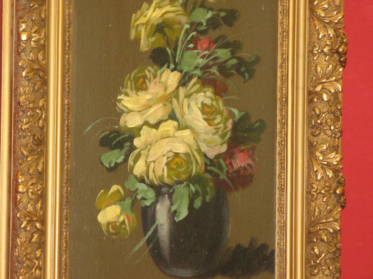 Bouquet De Fleurs, Peinture à l'Huile Sur Bois époque Fin 19ème.-photo-2