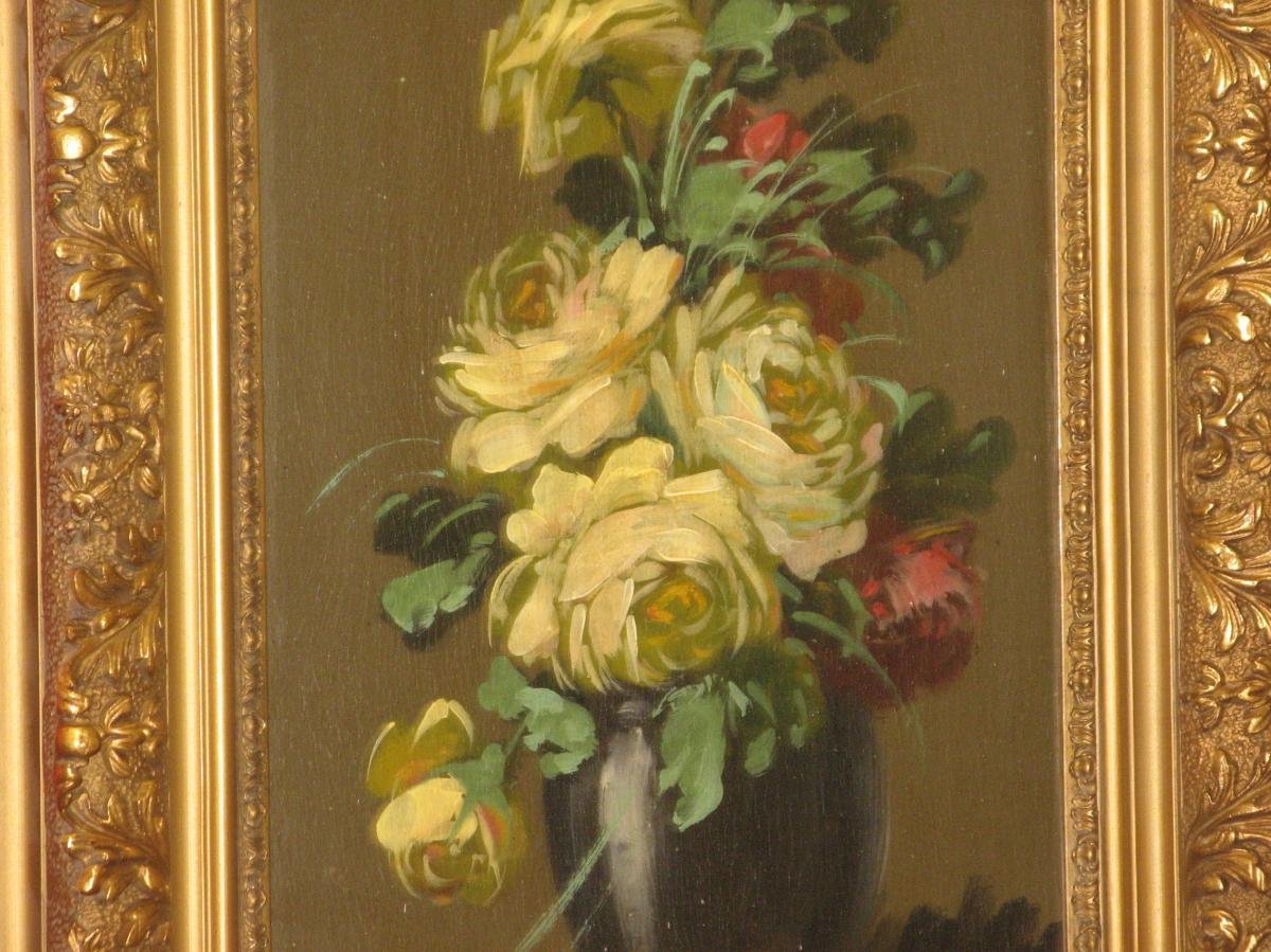 Bouquet De Fleurs, Peinture à l'Huile Sur Bois époque Fin 19ème.-photo-4