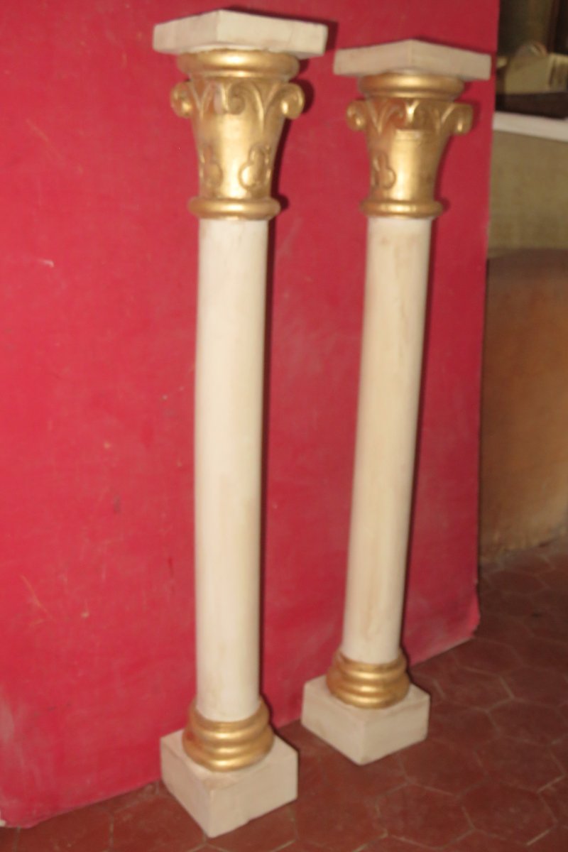 Pair Of Columns In Painted And Gilded Wood, Early 19th Time.-photo-2