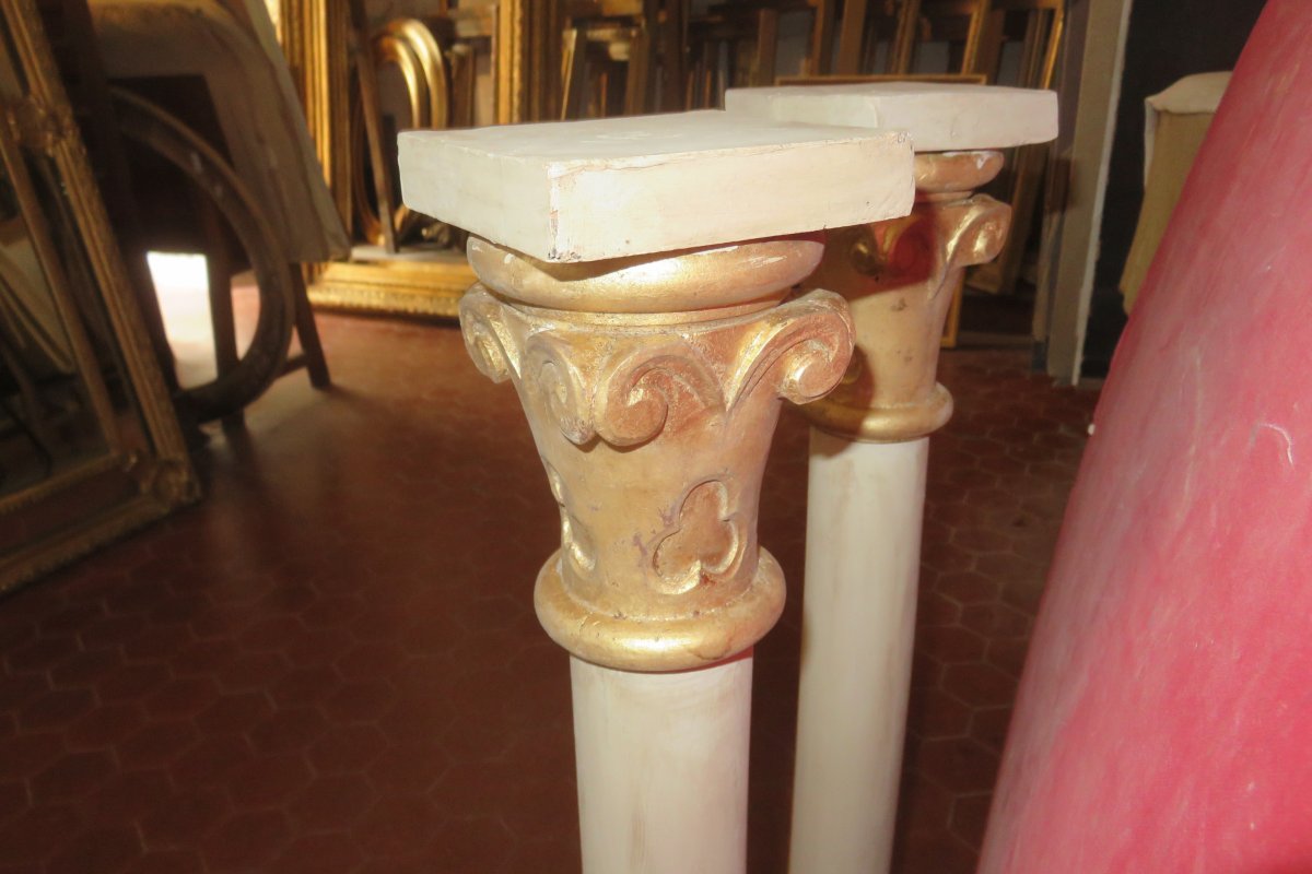 Pair Of Columns In Painted And Gilded Wood, Early 19th Time.-photo-6