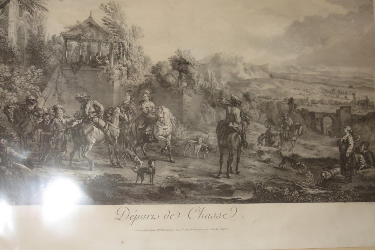 " Départ de Chasse", gravure époque début 19ème.-photo-4