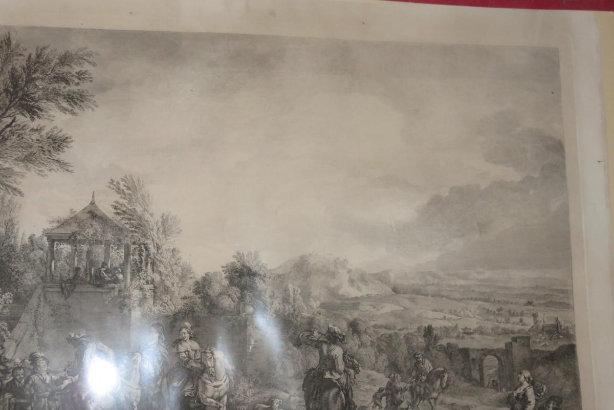 " Départ de Chasse", gravure époque début 19ème.-photo-1