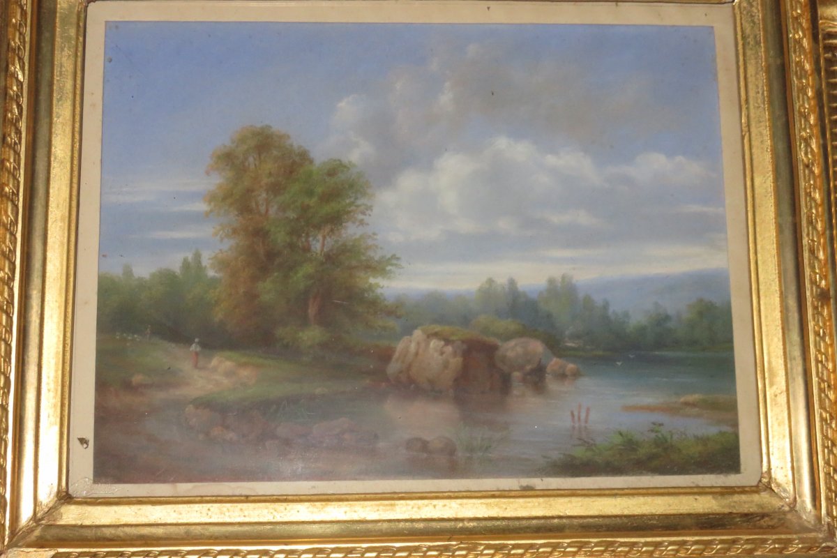Paysage Avec Sous Bois Et Pièce d'Eau, Pastel époque 19ème.