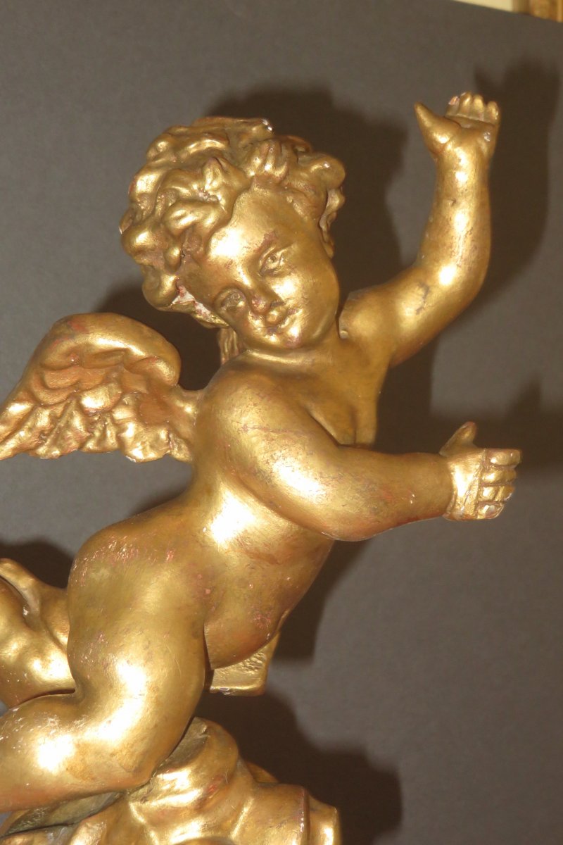 Winged Angel, Venetian Statue In Golden Wood, 19th Time.-photo-2