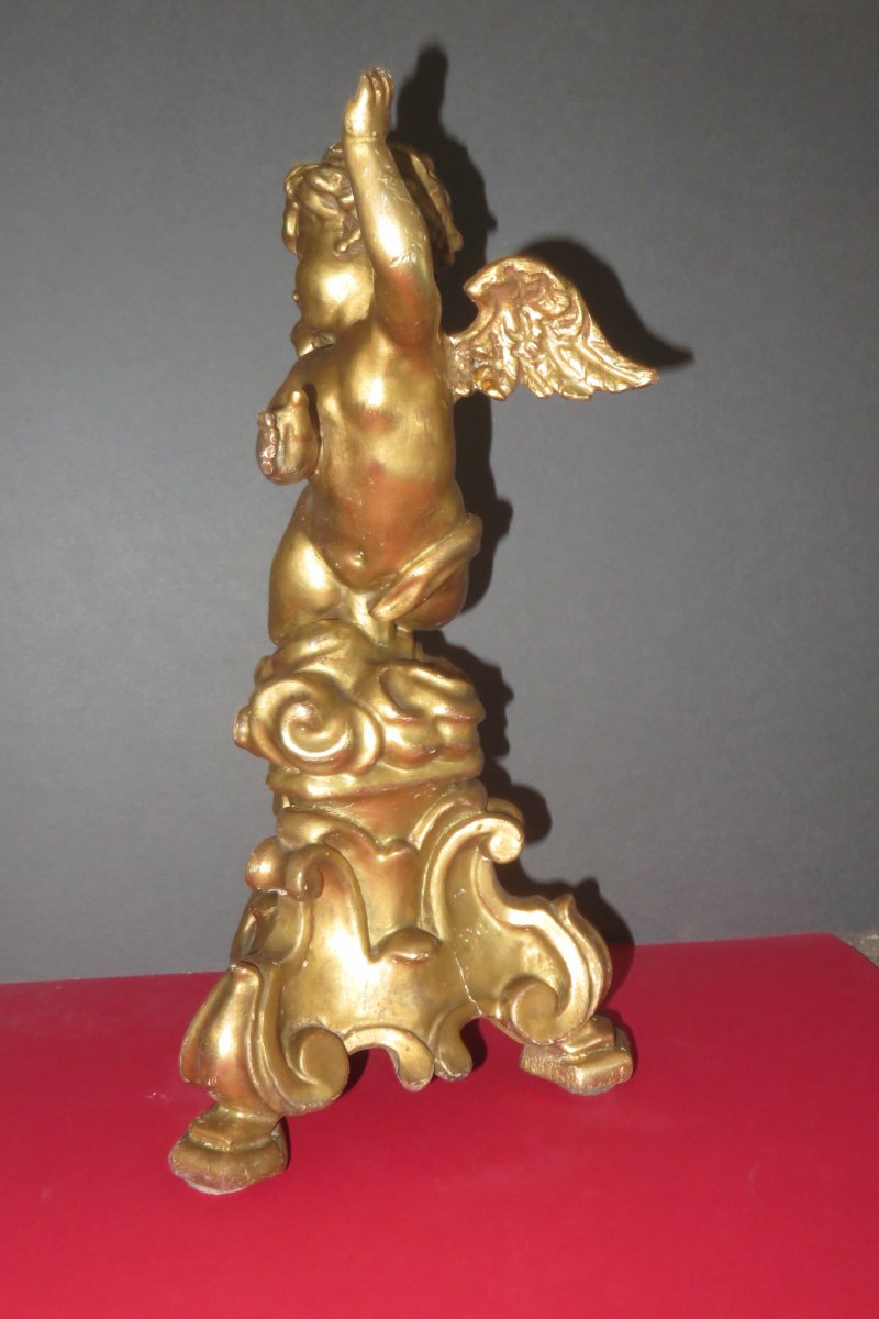 Winged Angel, Venetian Statue In Golden Wood, 19th Time.-photo-3