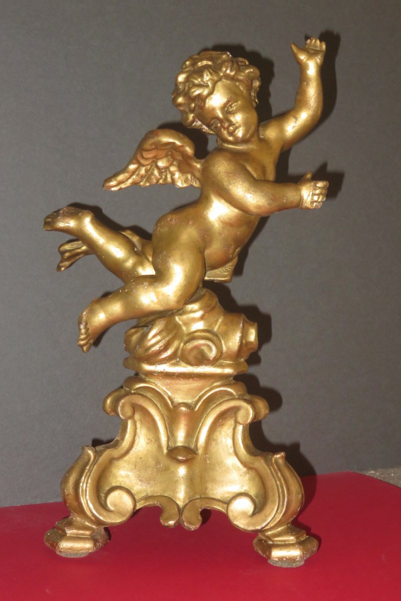 Winged Angel, Venetian Statue In Golden Wood, 19th Time.