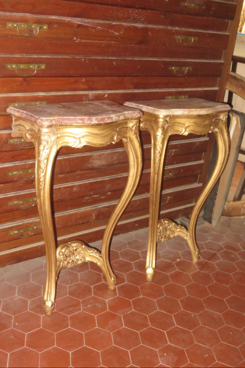 Pair Of Console With Two Feet, 19th Time, In Golden Wood.