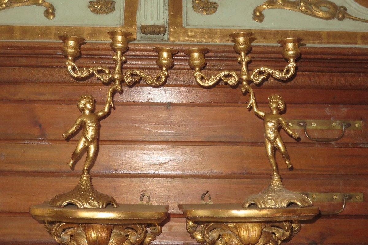 Paire De Bougeoirs 3 Feux En Cuivre Doré, époque 19ème.-photo-2