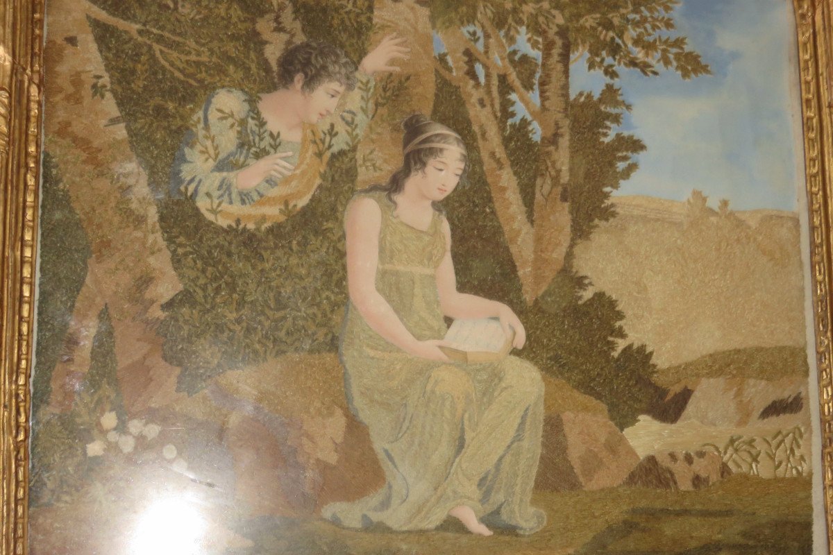 Romantic Scene, Watercolor And "chenille" Embroidery, Early 19th Time.-photo-2