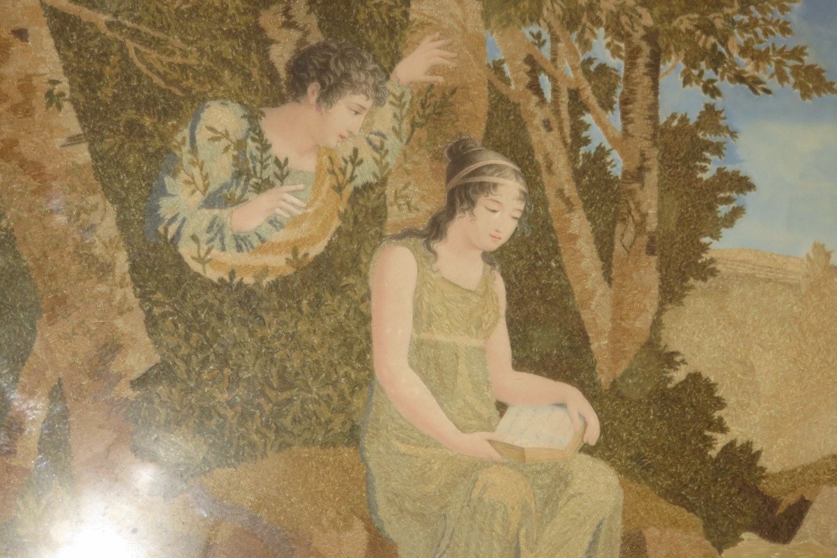 Romantic Scene, Watercolor And "chenille" Embroidery, Early 19th Time.-photo-3