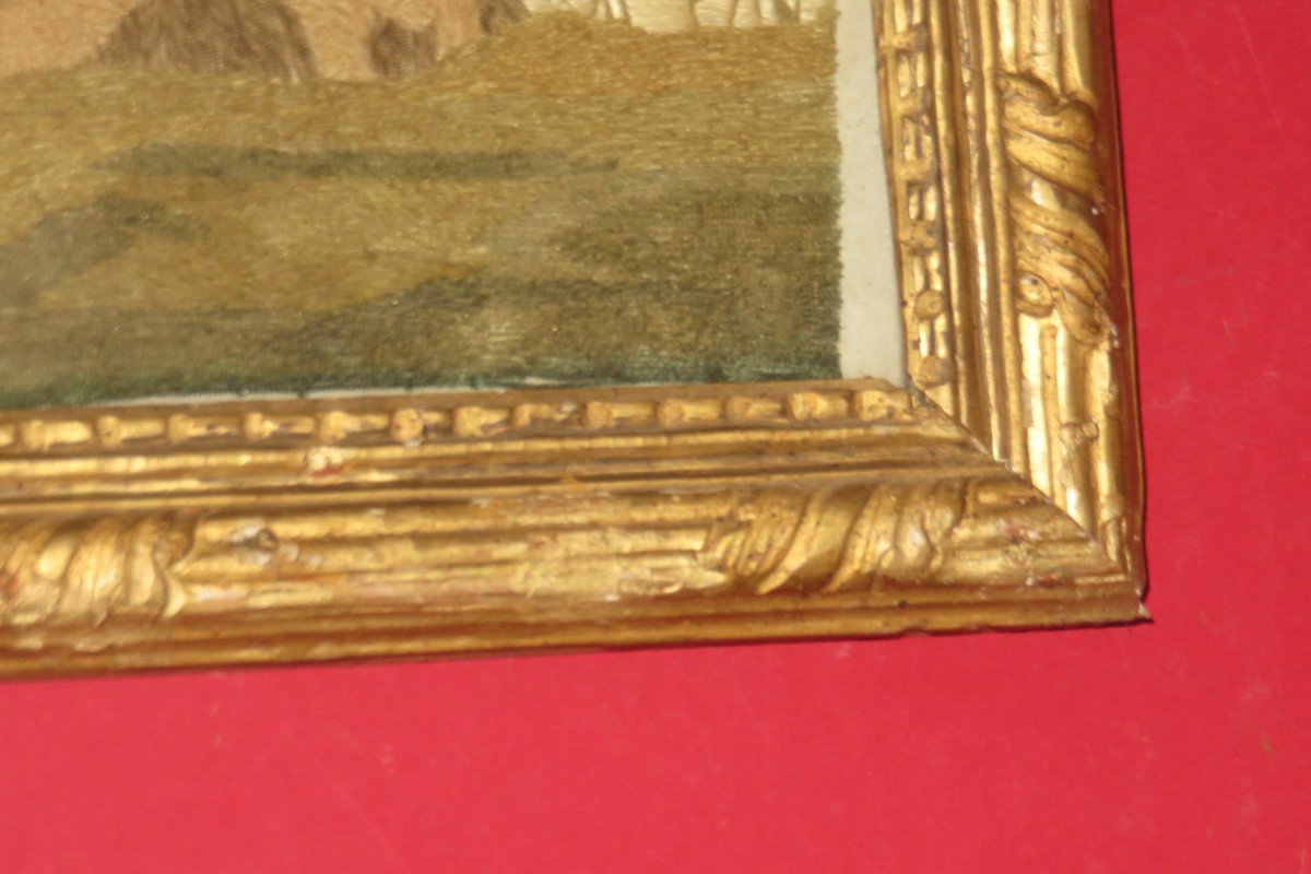 Scène Romantique,  Aquarelle et Broderie " chenillée", époque début 19ème.-photo-2