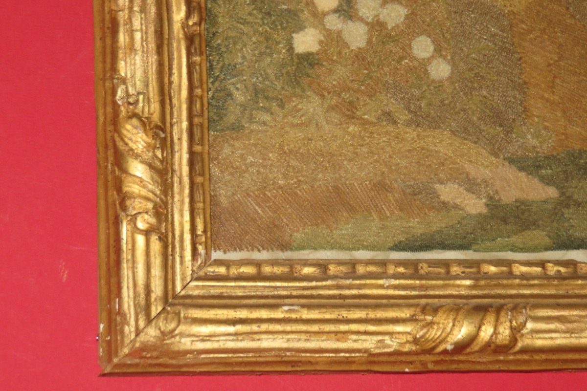 Scène Romantique,  Aquarelle et Broderie " chenillée", époque début 19ème.-photo-3