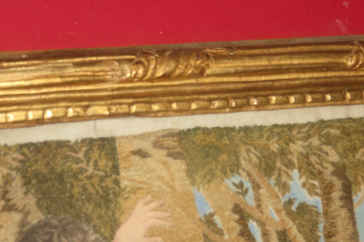 Scène Romantique,  Aquarelle et Broderie " chenillée", époque début 19ème.-photo-4