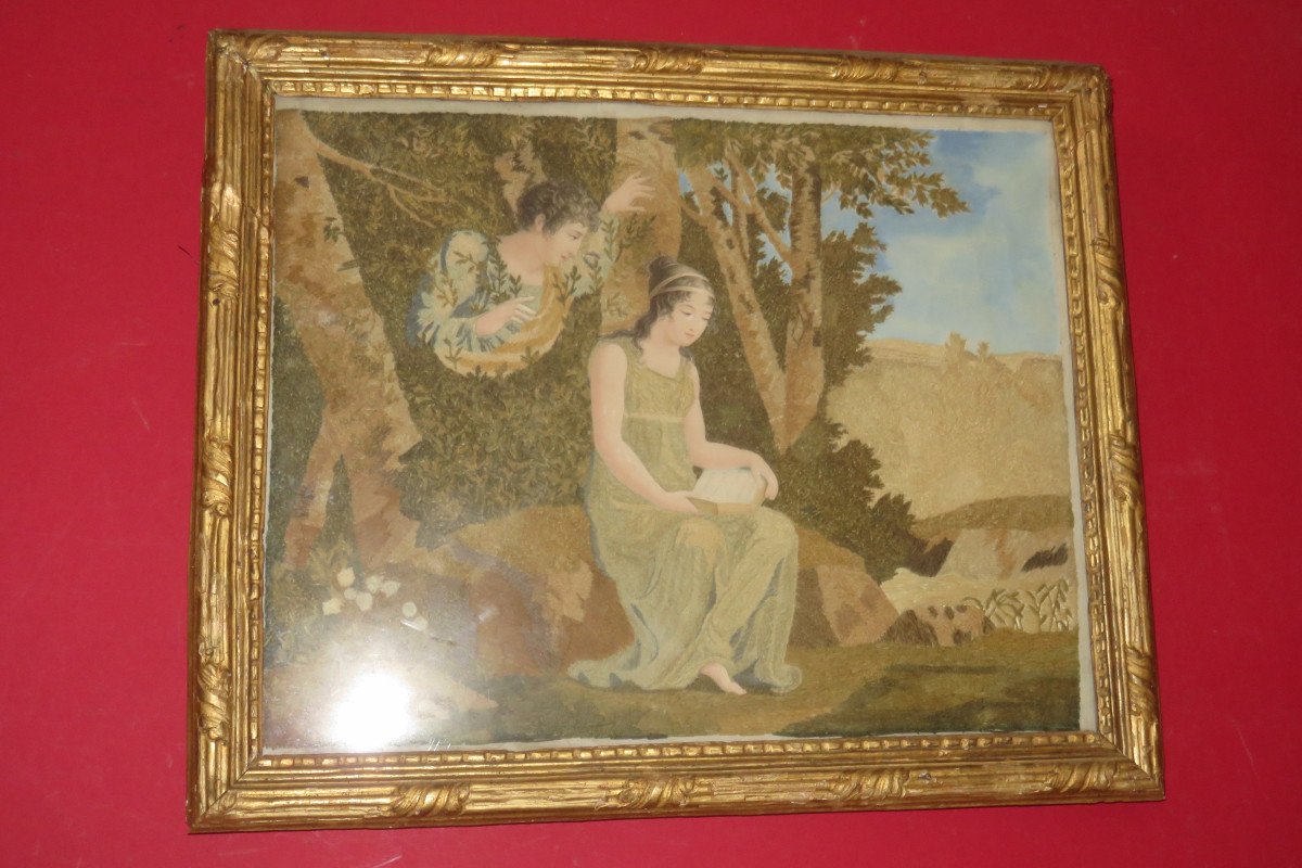 Scène Romantique,  Aquarelle et Broderie " chenillée", époque début 19ème.