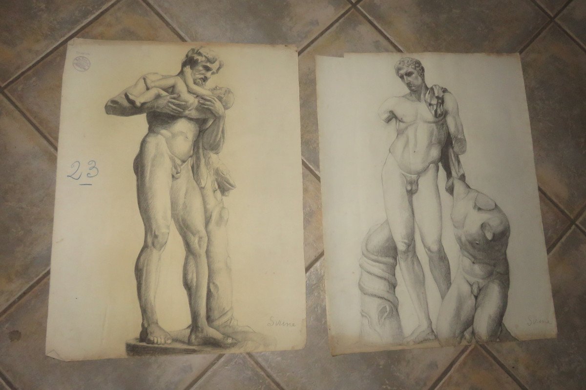 Two Large Drawings Of Nudes From The Early 20th Century.