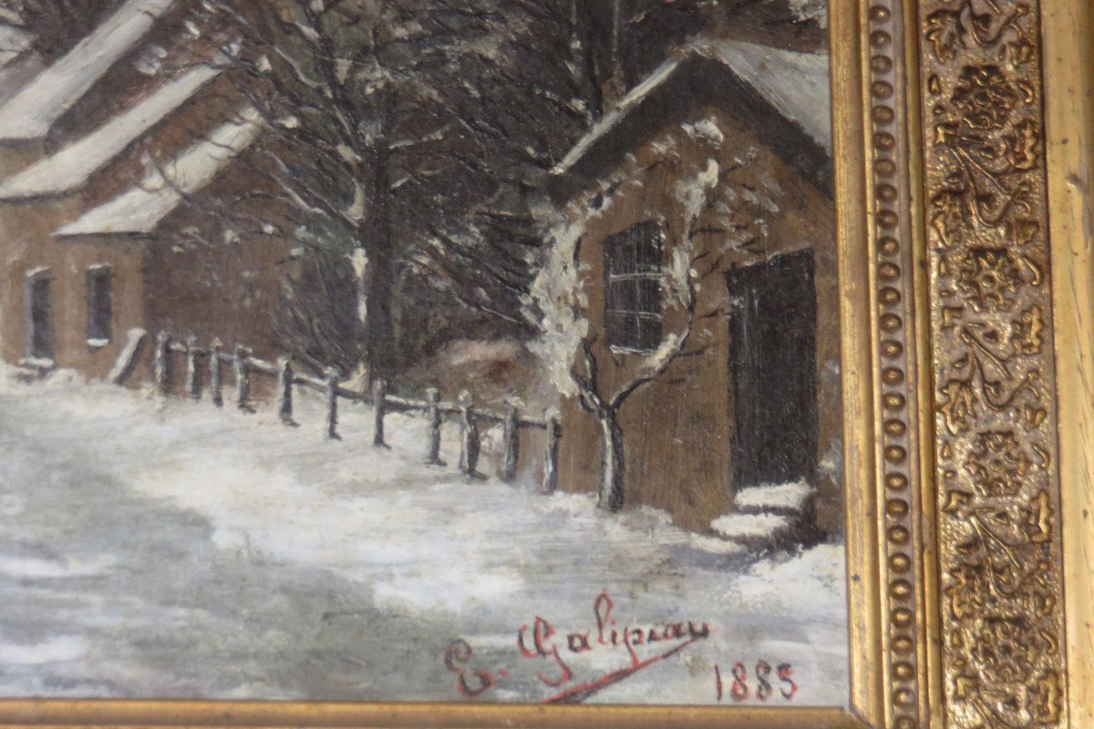 Village Sous La Neige, Tableau époque 19 ème.-photo-4