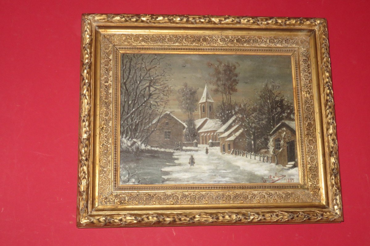 Village Sous La Neige, Tableau époque 19 ème.