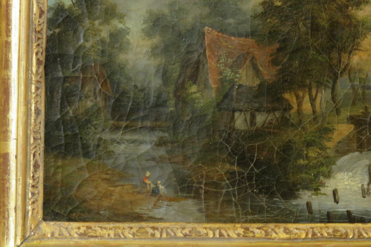 Une Peinture Paysage Avec Lavandières, époque 19ème.-photo-1