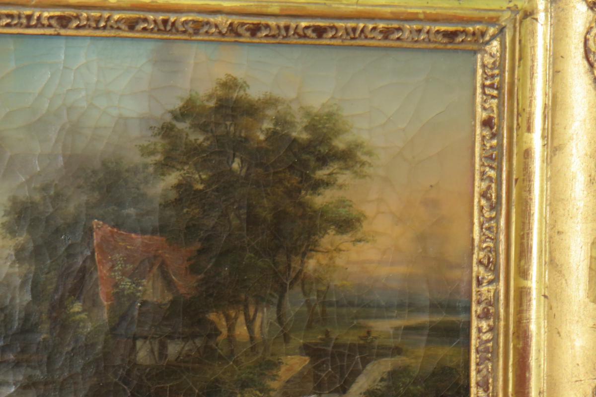 Une Peinture Paysage Avec Lavandières, époque 19ème.-photo-3