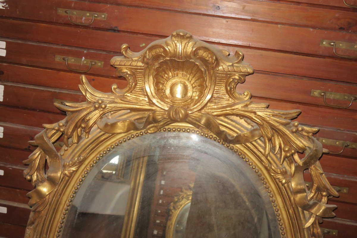 Grand Miroir Ovale, En Bois Doré, époque 19ème.-photo-2