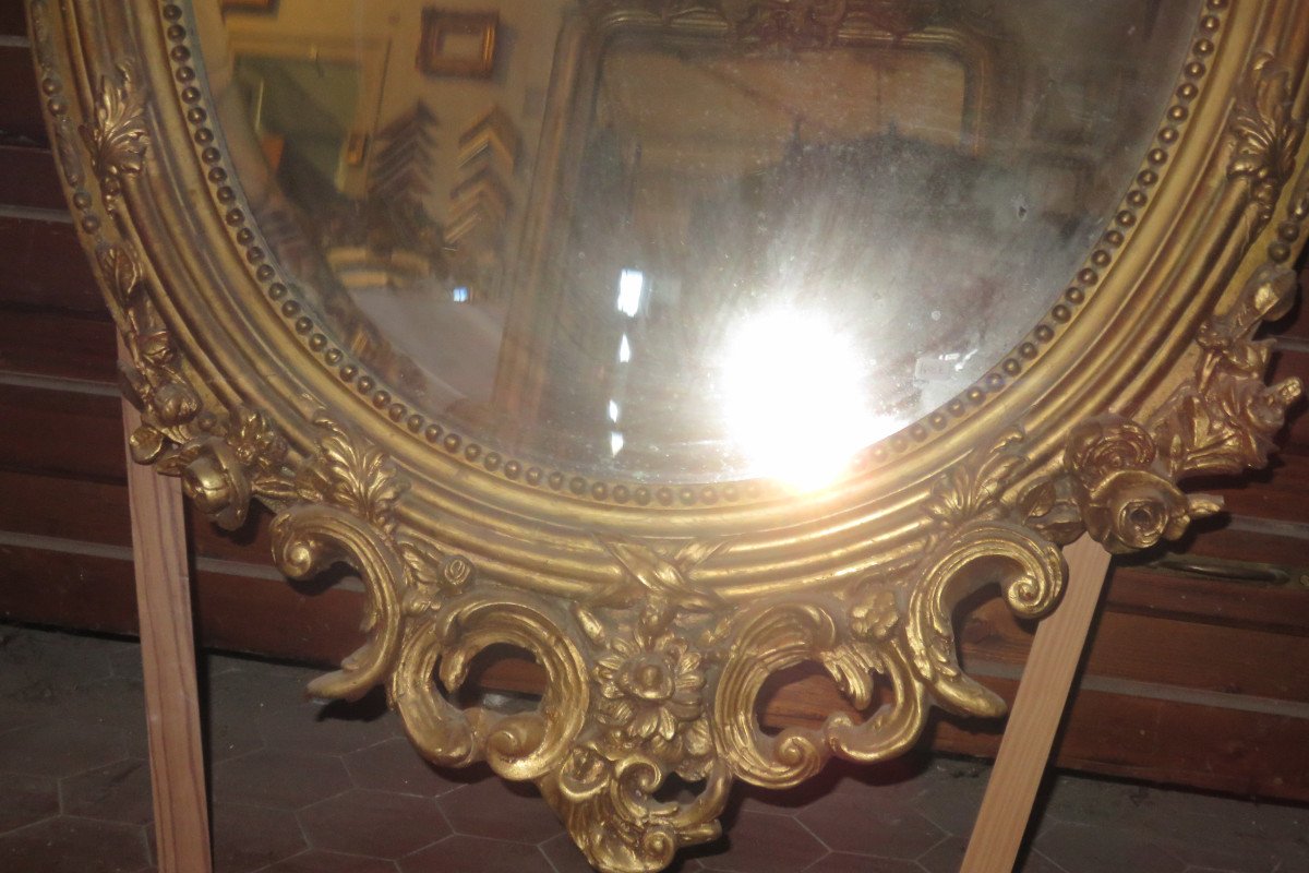 Grand Miroir Ovale, En Bois Doré, époque 19ème.-photo-3
