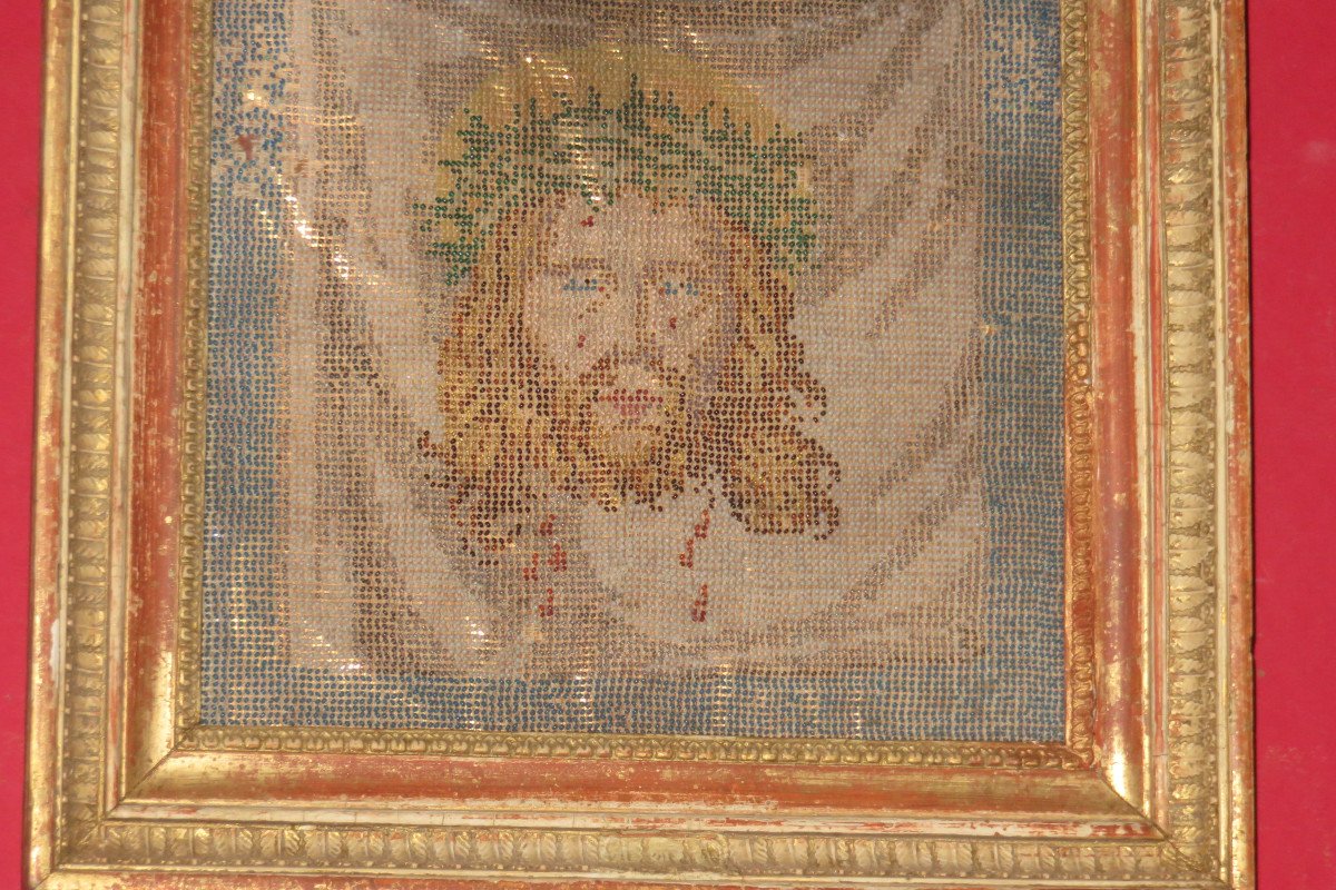 Christ En Broderie De Perles, époque Début 19ème.-photo-3