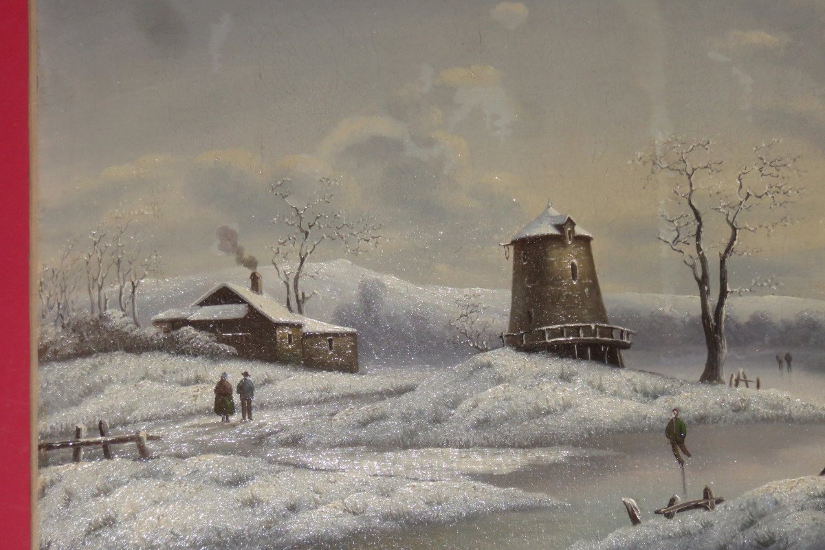 Paysage,  Scène d'Hiver, Patineurs Sur Un Canal, Tableau époque 19ème.-photo-2