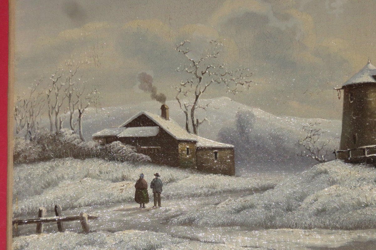 Paysage,  Scène d'Hiver, Patineurs Sur Un Canal, Tableau époque 19ème.-photo-3