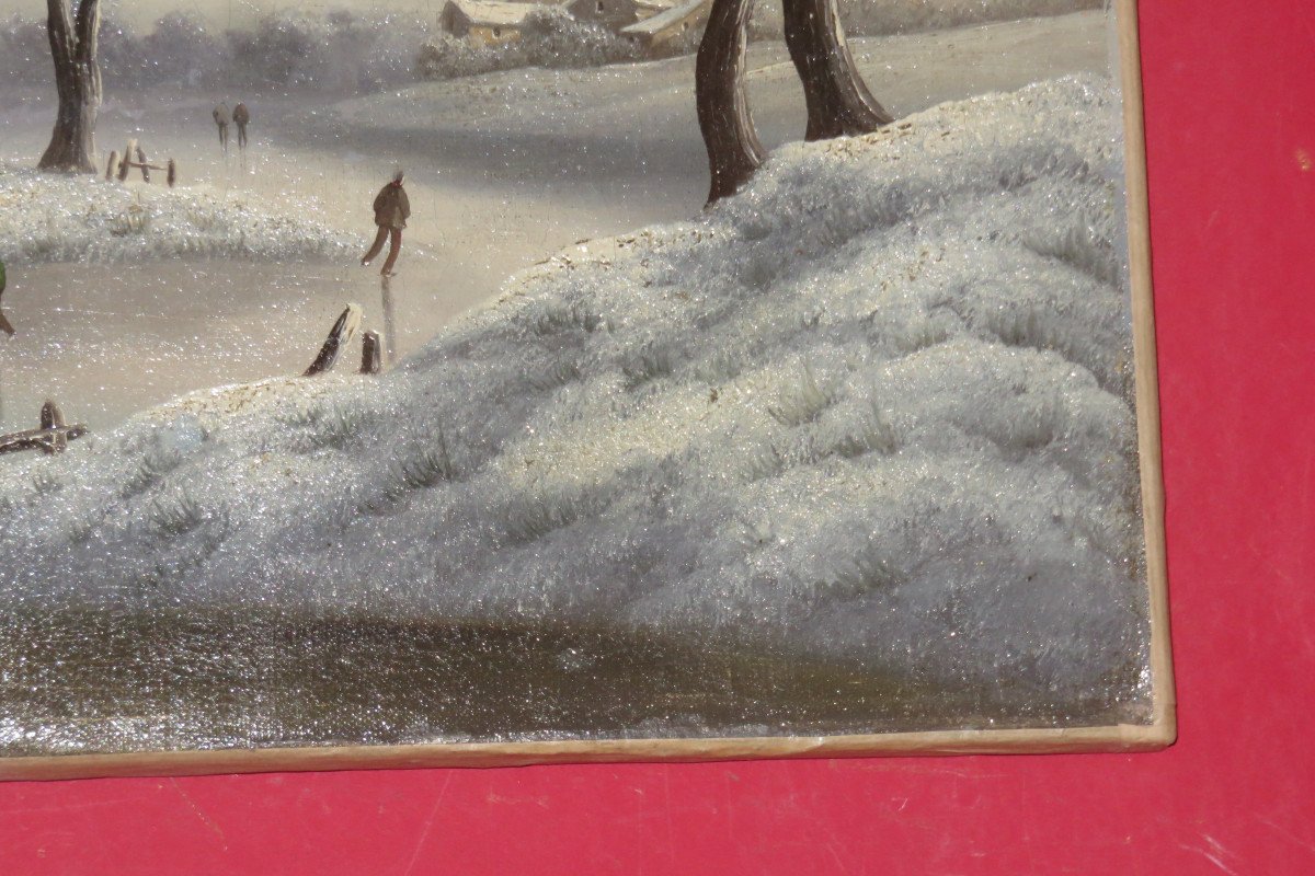 Paysage,  Scène d'Hiver, Patineurs Sur Un Canal, Tableau époque 19ème.-photo-3