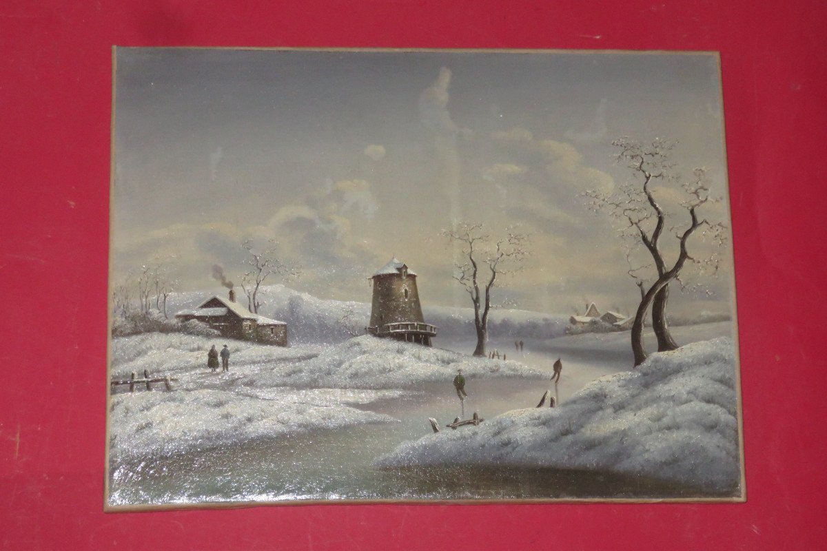 Paysage,  Scène d'Hiver, Patineurs Sur Un Canal, Tableau époque 19ème.