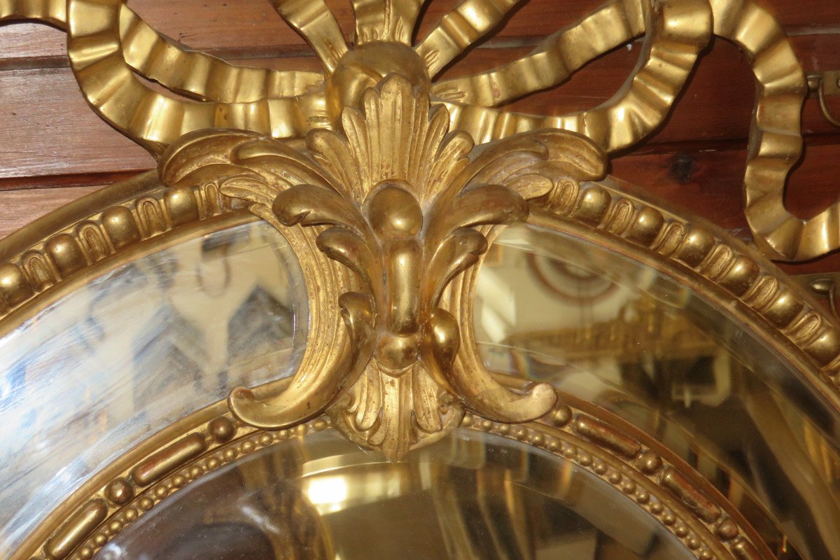 Large Oval Mirror, With Pediment, In Golden Wood, 19th Time.-photo-3
