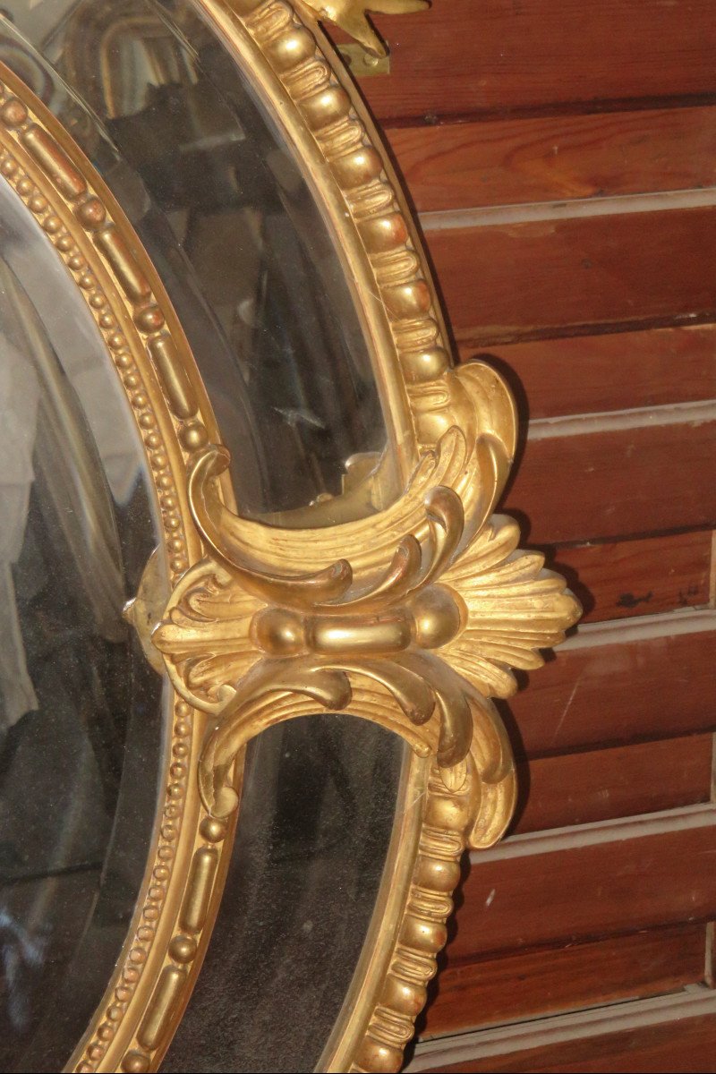 Large Oval Mirror, With Pediment, In Golden Wood, 19th Time.-photo-4