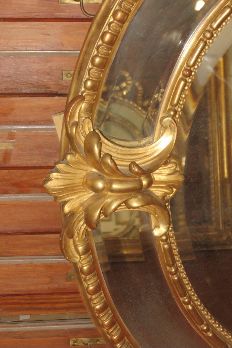 Large Oval Mirror, With Pediment, In Golden Wood, 19th Time.-photo-2